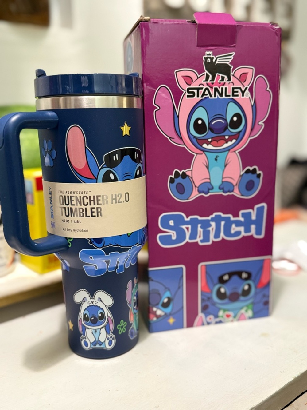 Stanley Stitch Quencher Tumbler - Navy Blue with Pink Accents